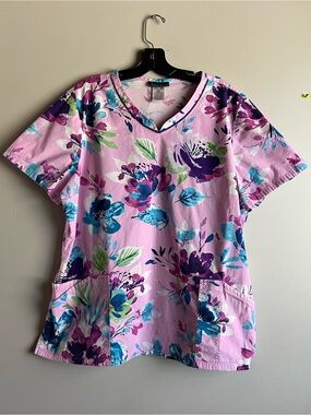 Cherokee 2XL Pink Floral V Neck Scrub Top Medical Nursing Uniform Plus Size